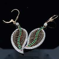  14k Emerald and Diamond Leaf Dangle Earrings 