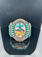 ZUNI TRIBE STERLING+TURQUOISE CUFF BRACELET W/ KACHINA DANCER